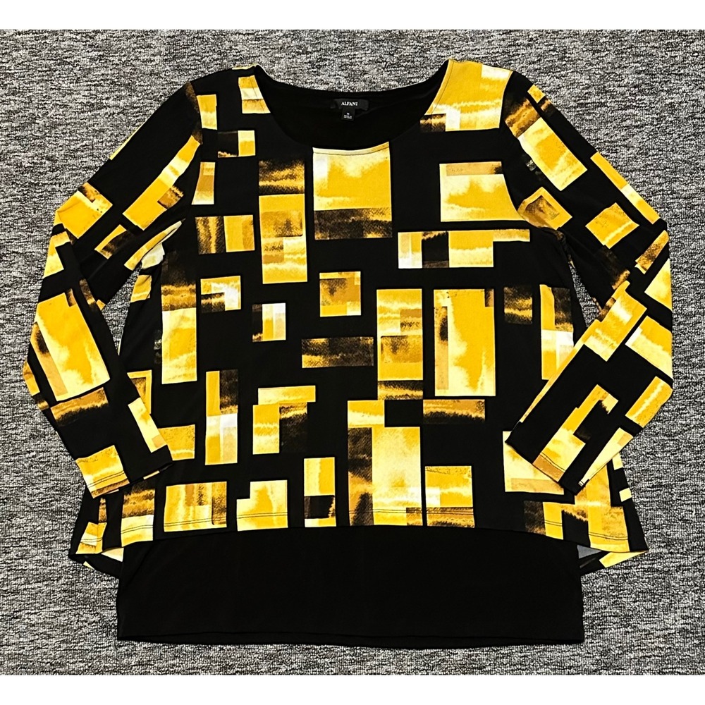 Alfani Womens XL Yellow Black Geometric Print Layered Split Back Blouse Top